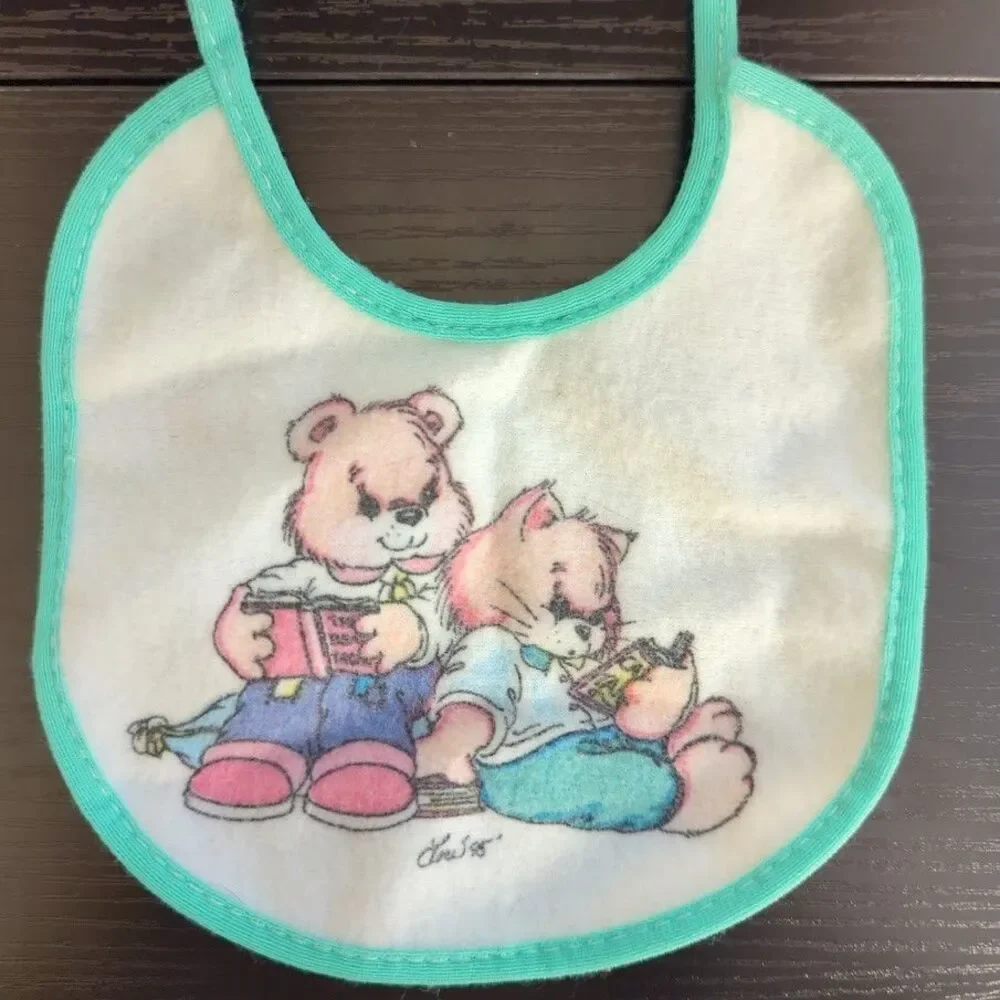 Vintage 95' Baby Bib‎ Cat/Bear Reading Tie Closure Baby OS